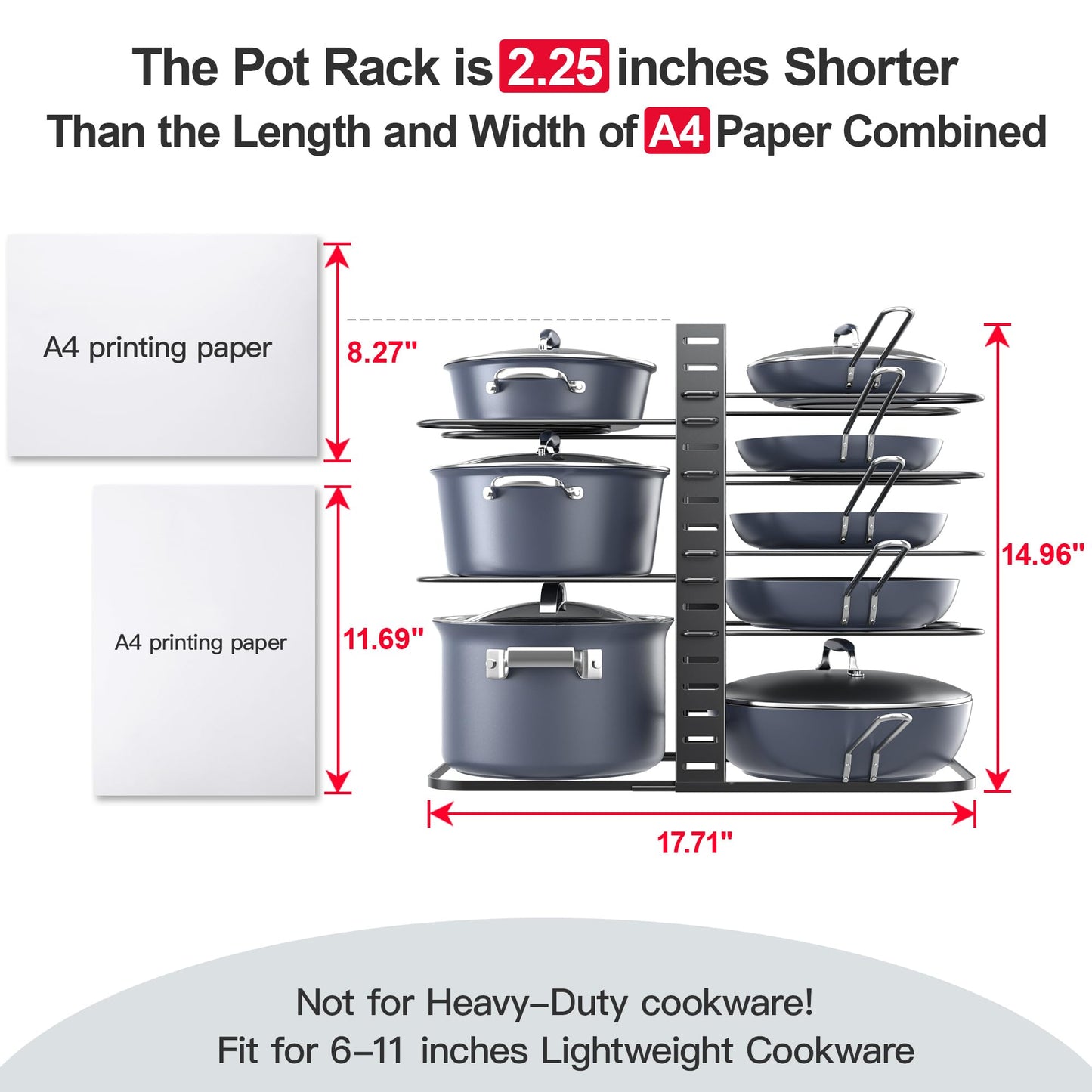 ORDORA Pots and Pans Organizer: Under Cabinet, Adjustable 8-Tier Pot Organizers inside Cabinet, Kitchen Organizers and Storage Fit 6-11 inch Lightweight Cookware