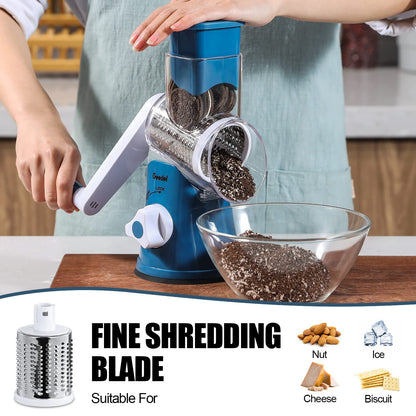 Geedel Rotary Cheese Grater, Kitchen Mandoline Vegetable Slicer with 3 Interchangeable Blades, Easy to Clean Grater for Fruit, Vegetables, Nuts