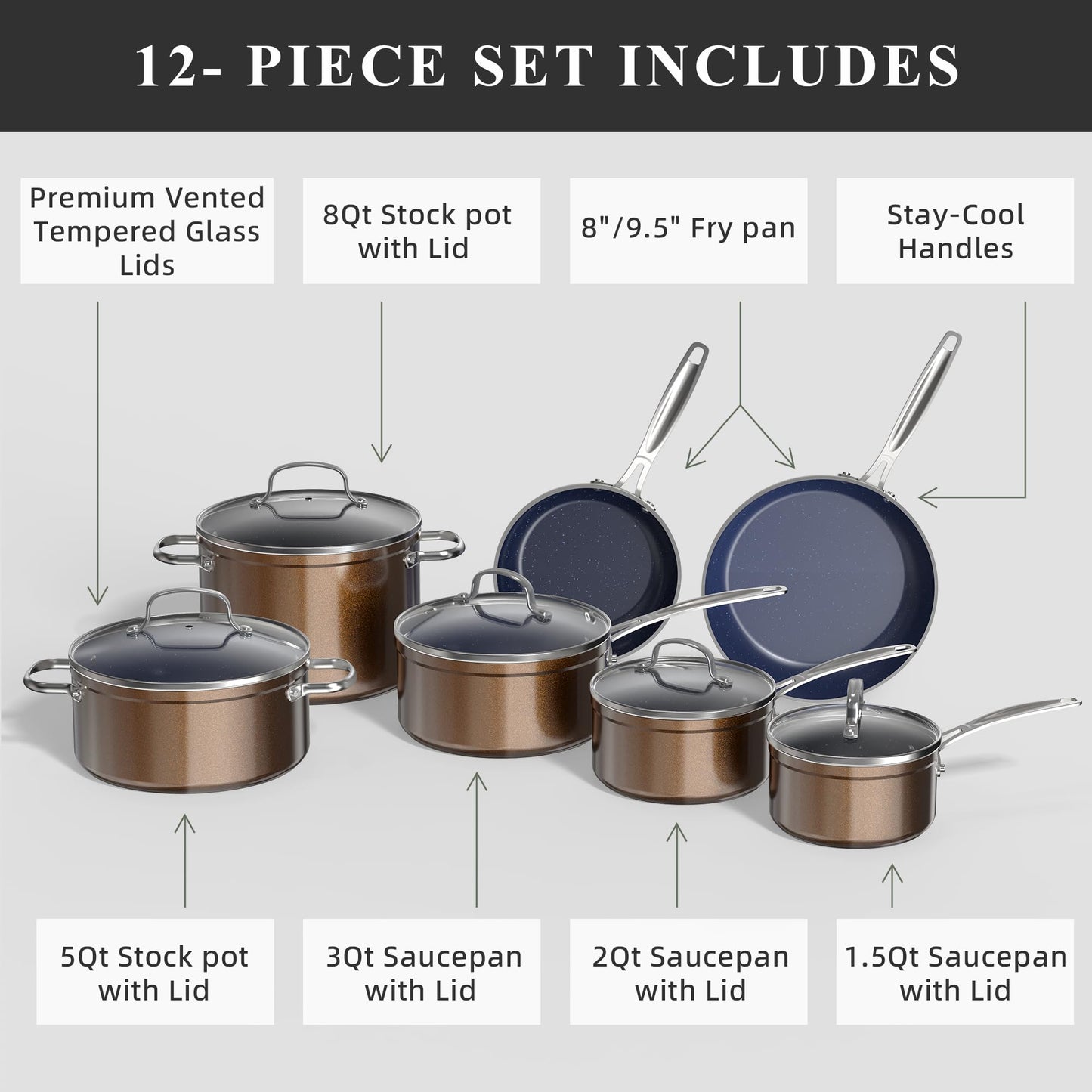 Nuwave Healthy Duralon Blue Ceramic Nonstick Cookware Set, Diamond Infused Scratch-Resistant, PFAS Free, Dishwasher & Oven Safe, Induction Ready & Evenly Heats,Tempered Glass Lids & Stay-Cool Handles