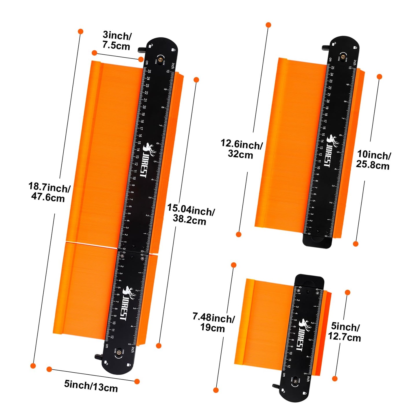 JOREST Medidor de contorno conectable de 10+5 pulgadas con cerradura, herramienta de perfil, súper duplicador, carpintería para pisos de azulejos, medición de ángulo de borde de contorno de forma,