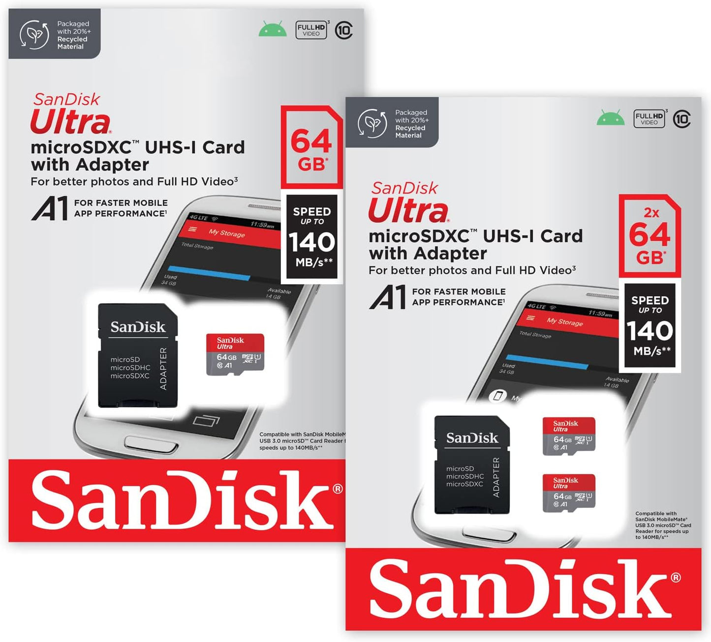 SanDisk 128GB Ultra microSDXC UHS-I Memory Card with Adapter - Up to 140MB/s, C10, U1, Full HD, A1, MicroSD Card - SDSQUAB-128G-GN6MA [New Version]