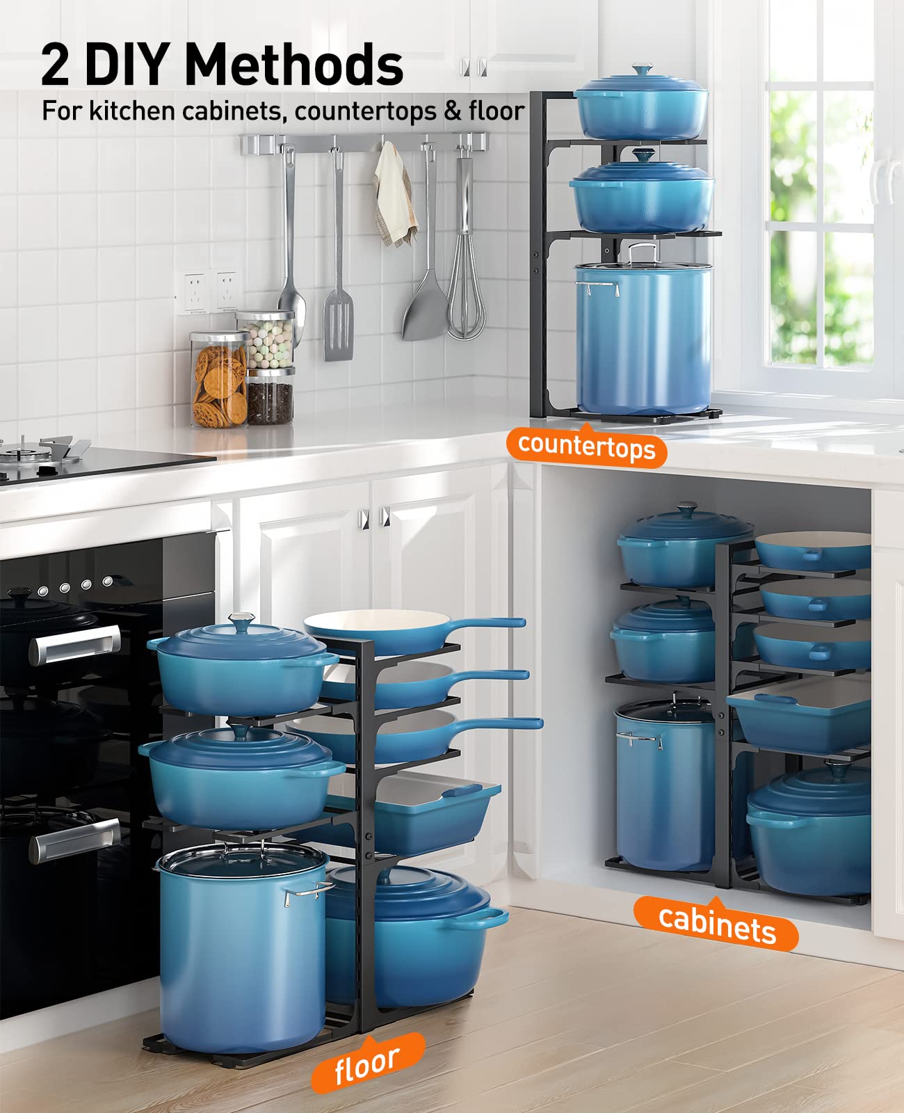 ORDORA Pots and Pans Organizer: Under Cabinet, Adjustable 8-Tier Pot Organizers inside Cabinet, Kitchen Organizers and Storage Fit 6-11 inch Lightweight Cookware