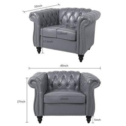 3 Piece Living Room Set, Chesterfield Velvet Sofa Loveseat Couch Chair with Scroll Arms and Nailhead for Living Room, Office (Grey, 1-2-3)