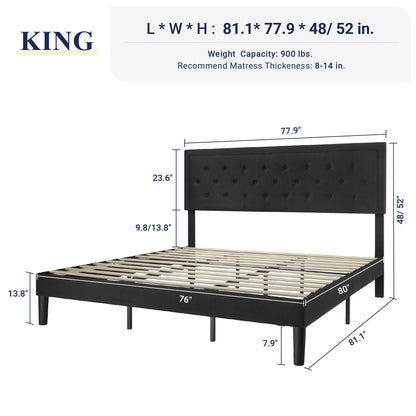 Allewie Queen Size Button Tufted Platform Bed Frame/Fabric Upholstered Bed Frame with Adjustable Headboard/Wood Slat Support/Mattress Foundation/Dark Grey (Queen)