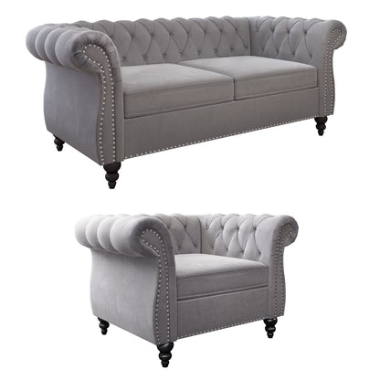 3 Piece Living Room Set, Chesterfield Velvet Sofa Loveseat Couch Chair with Scroll Arms and Nailhead for Living Room, Office (Grey, 1-2-3)