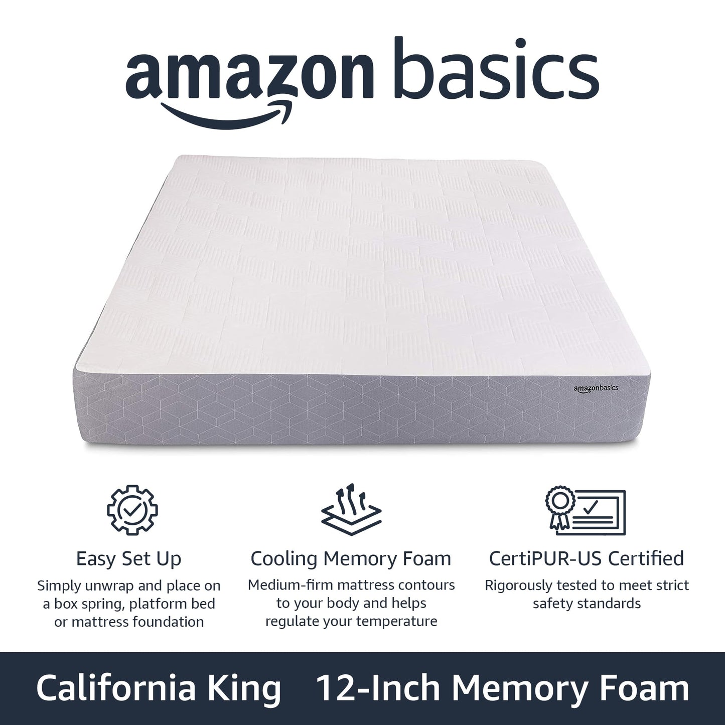 Amazon Basics Cooling Gel-Infused, Medium-Firm Memory Foam Mattress, CertiPUR-US Certified - Queen Size, 80 x 60 x 12 inches, White/Gray