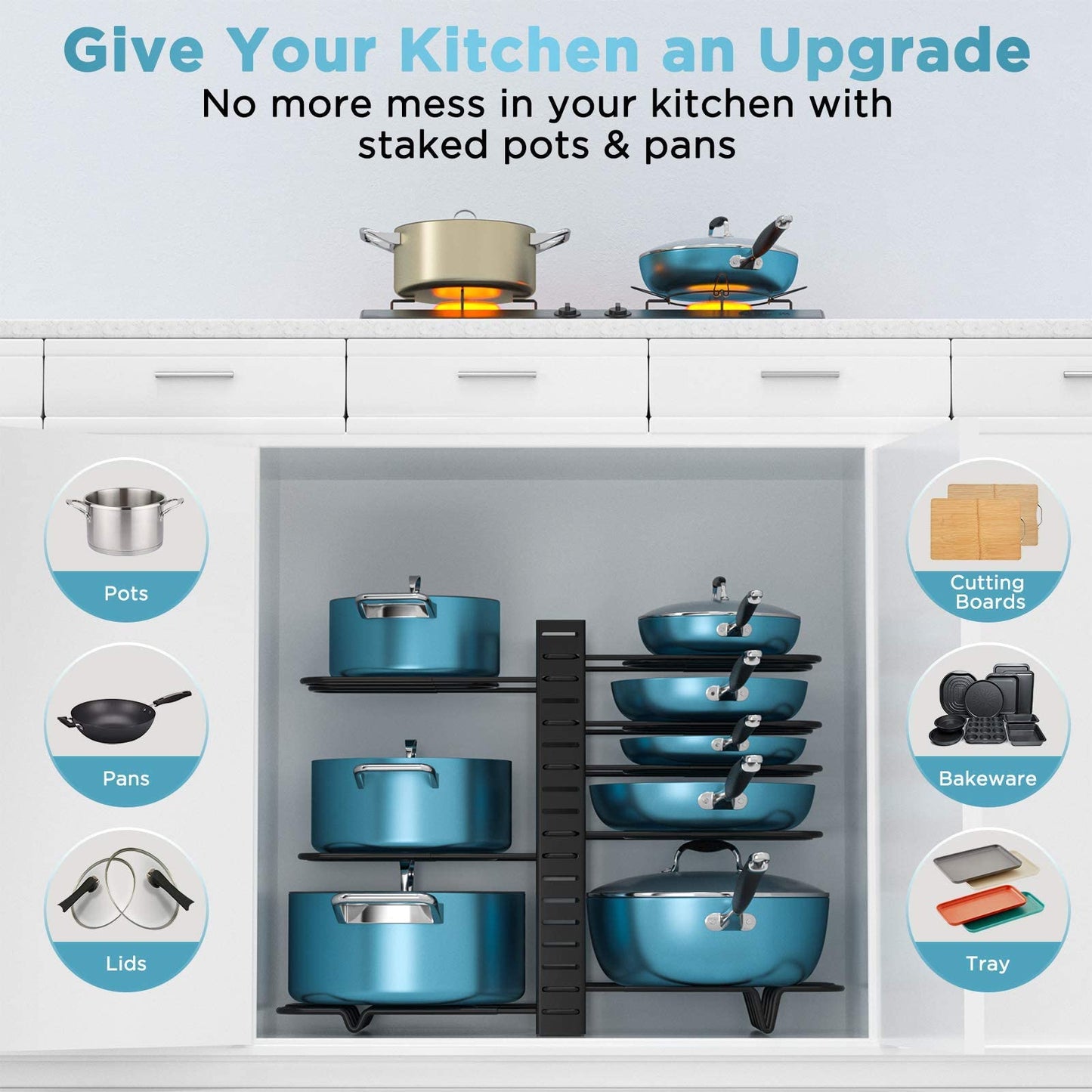 ORDORA Pots and Pans Organizer: Under Cabinet, Adjustable 8-Tier Pot Organizers inside Cabinet, Kitchen Organizers and Storage Fit 6-11 inch Lightweight Cookware