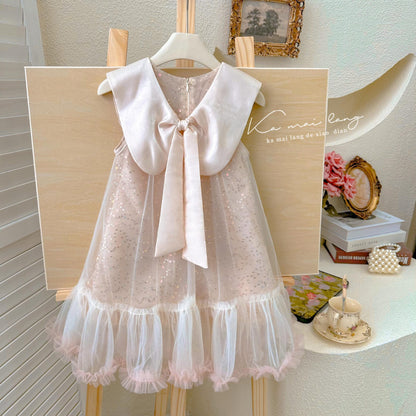 Girls Lapel Bow Dress