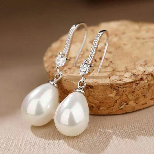 Water droplet shaped simulated freshwater pearl earrings for women, new zircon shell pearl group set with long earrings