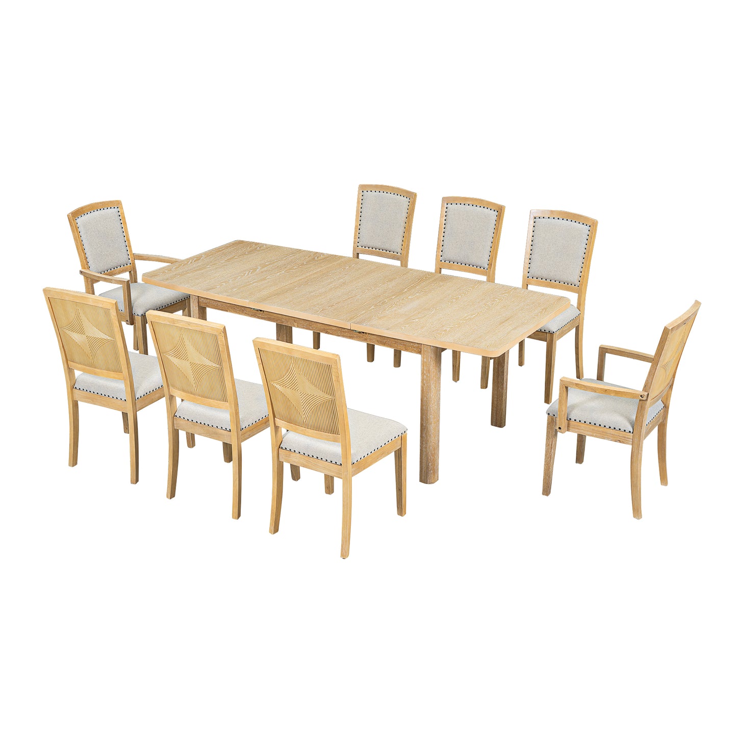 TOPMAX expandable 84 inch dining table set with 24 inch detachable leaves, 6 armless chairs and 2 armchairs  9 pieces natural