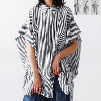 Design sense plus loose bat sleeve striped shirt for women, slim and irregular top