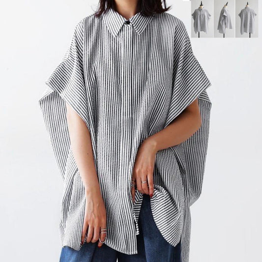 Design sense plus loose bat sleeve striped shirt for women, slim and irregular top