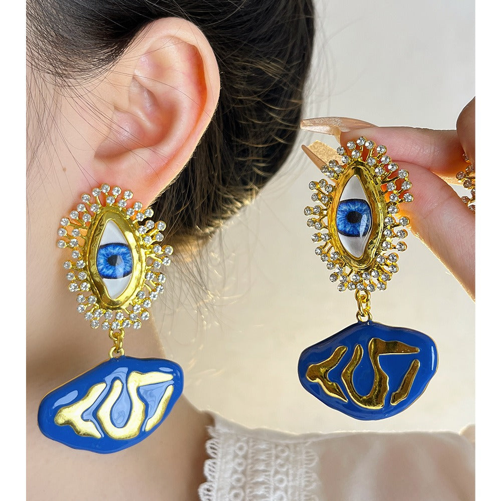 Abstract, unique personality, devil's eye, sparkling diamond earrings, runway style, temperament earrings for women