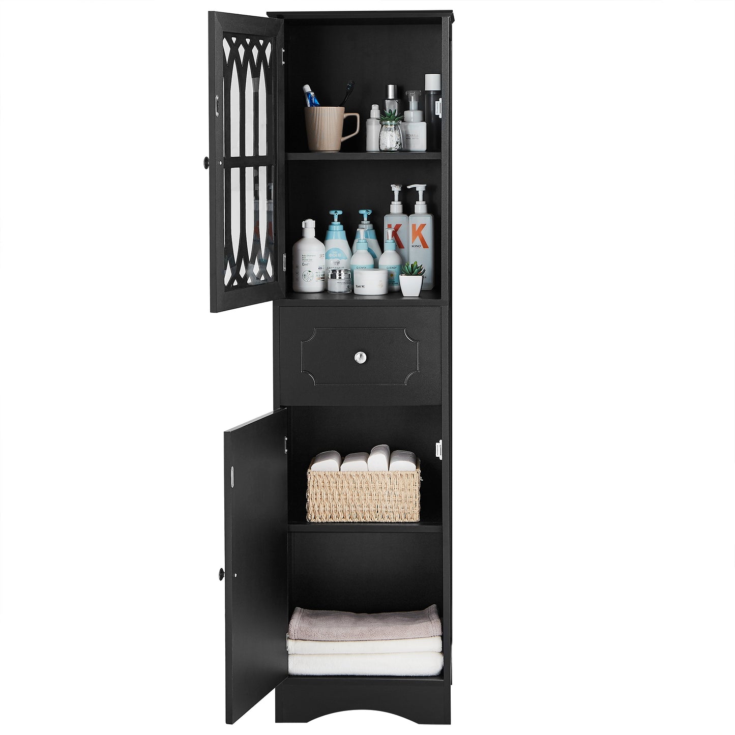 Tall Bathroom Cabinet, Freestanding Storage Cabinet with Drawer and Doors, MDF Board, Acrylic Door, Adjustable Shelf, Black