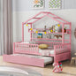 Wooden Twin Size House Bed with Trundle Kids Bed with Shelf Pink