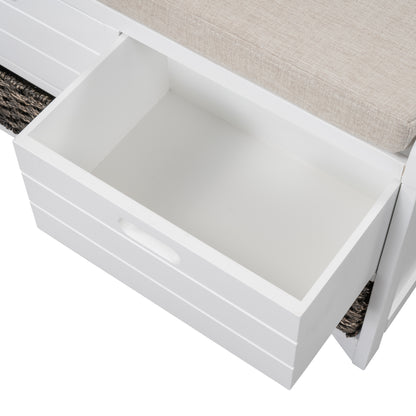 TREXM White Storage Bench with Removable Basket and 2 DrawersFully Assembled Shoe Bench with Removable Cushion