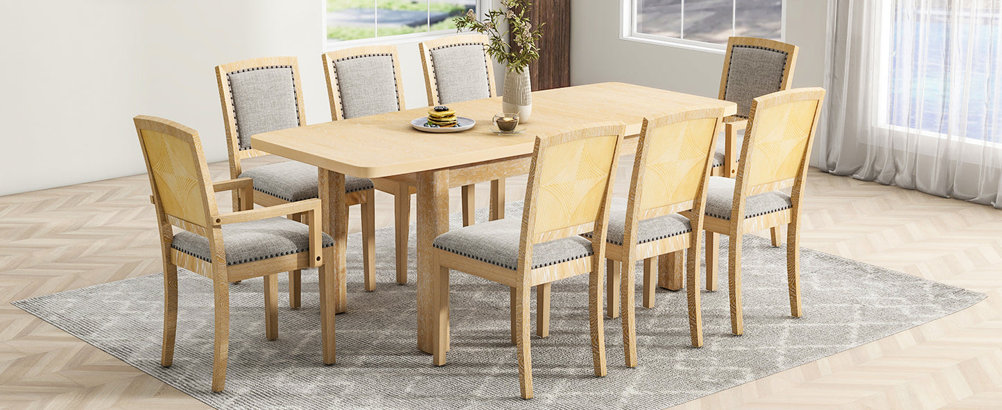 TOPMAX expandable 84 inch dining table set with 24 inch detachable leaves, 6 armless chairs and 2 armchairs  9 pieces natural