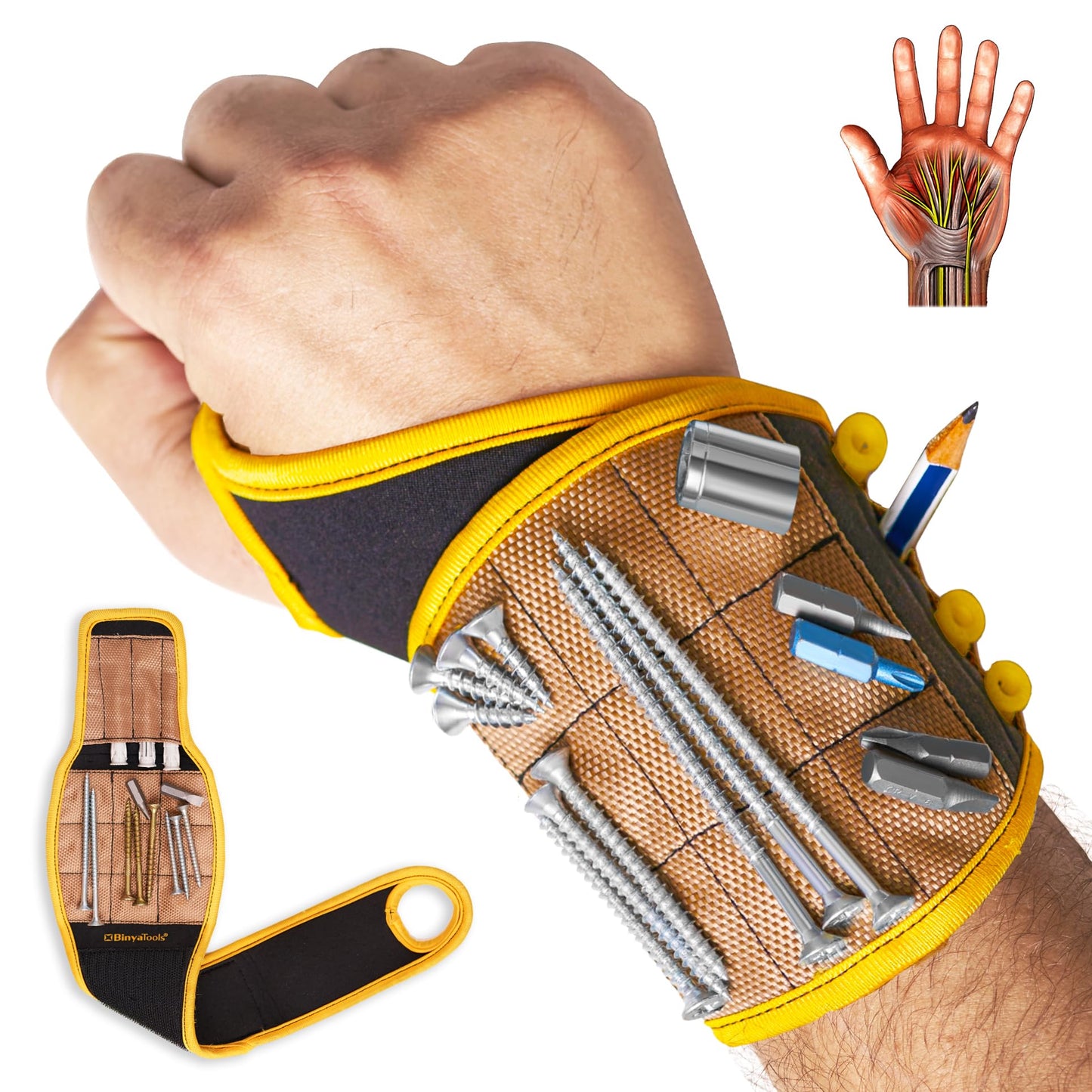 BINYATOOLS Magnetic Wristband with Super Strong Magnets Holds Screws, Nails, Drill Bit. Unique Wrist Support Design Cool Handy Gadget Gifts for Fathers, Boyfriends, Handyman, Electrician