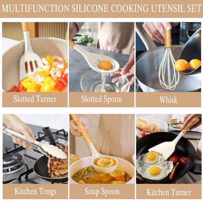 Umite Chef Kitchen Cooking Utensils Set, 33 pcs Non-Stick Silicone Cooking Kitchen Utensils Spatula Set with Holder, Wooden Handle Silicone Kitchen Gadgets Utensil Set (Khaki)