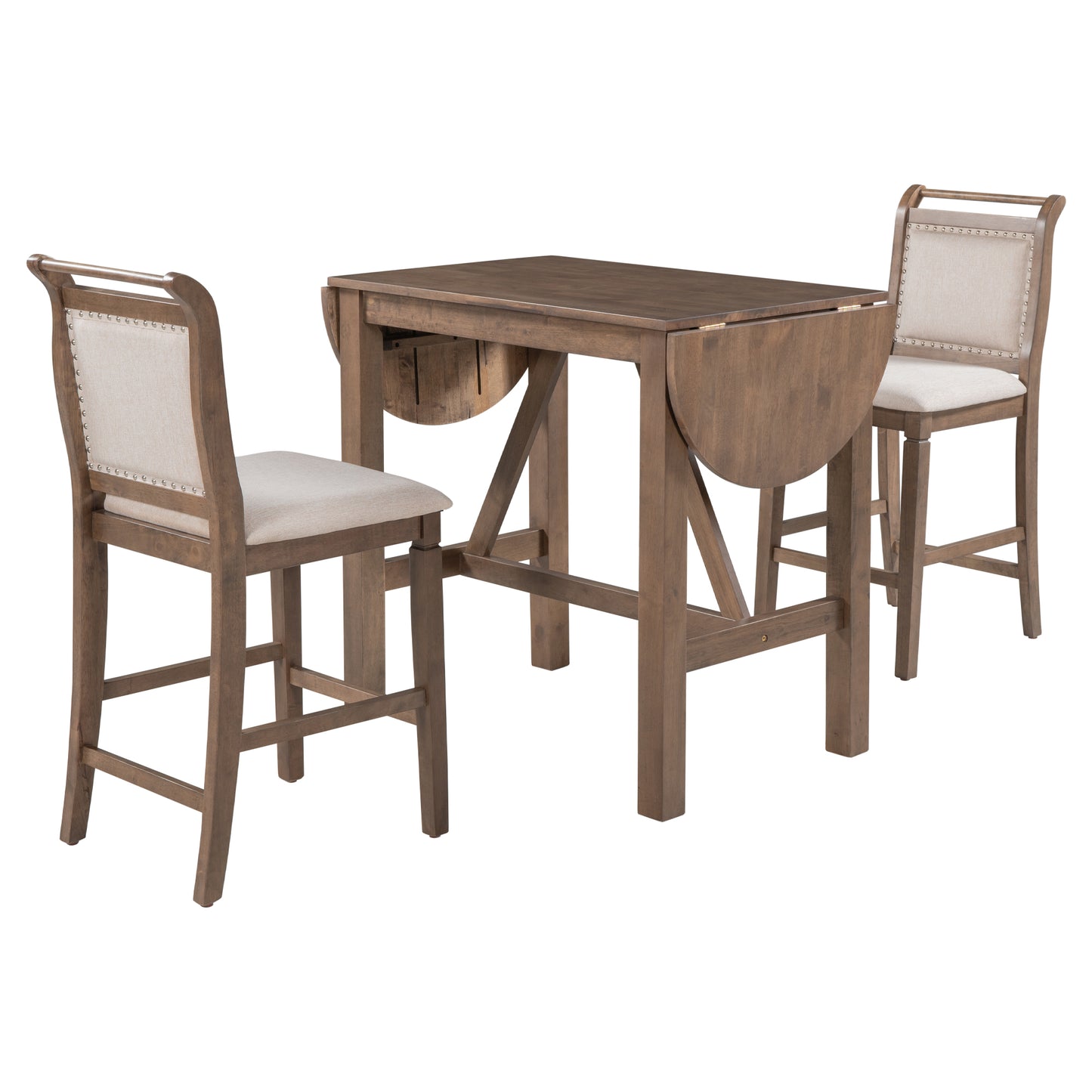 TOPMAX 3-Piece Wood Counter Height Drop Leaf Dining Table Set with 2 Upholstered Dining Chairs for Small Place, Brown