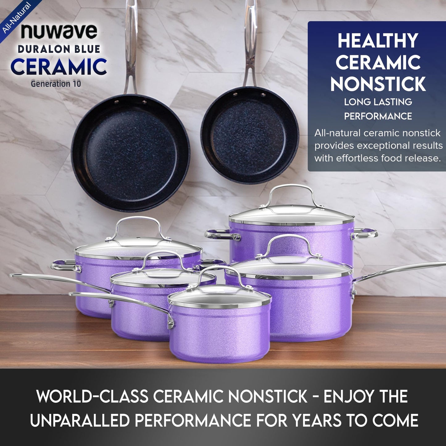 Nuwave Healthy Duralon Blue Ceramic Nonstick Cookware Set, Diamond Infused Scratch-Resistant, PFAS Free, Dishwasher & Oven Safe, Induction Ready & Evenly Heats,Tempered Glass Lids & Stay-Cool Handles