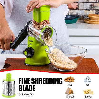 Geedel Rotary Cheese Grater, Kitchen Mandoline Vegetable Slicer with 3 Interchangeable Blades, Easy to Clean Grater for Fruit, Vegetables, Nuts