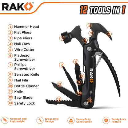 RAK Hammer Multitool BirthdayGifts for Men - Cool Unique Gifts For Men Who Have Everything - Compact DIY Survival Multi Tool - Backpacking & Camping Accessories - Gadget Gifts