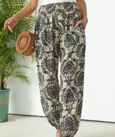 Long pants with high waisted print and a drooping feeling straight tube elastic and tight leg pants