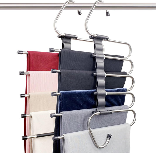 Magic Pants Hangers Space Saving - 2 Pack for Closet Multiple Layers Multifunctional Uses Rack Organizer for Trousers Scarves Slack (2 Pack with 10 Metal Clips)