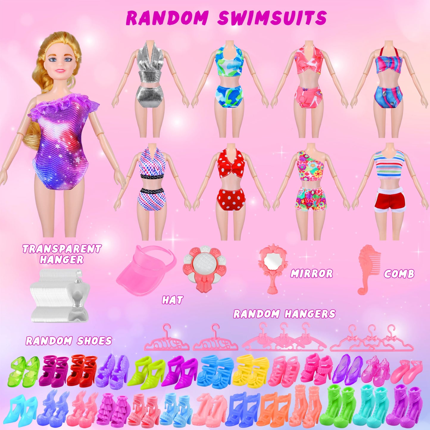 87 Pcs Doll Clothes and Accessories with Doll, Princess Gowns, Fashion Dresses, Slip Dresses, Top, Pants, Jumpsuit, Swimsuits, Shoes, Hangers, Doll Dress up Toys for Girls Kids Toddlers Toy Gifts