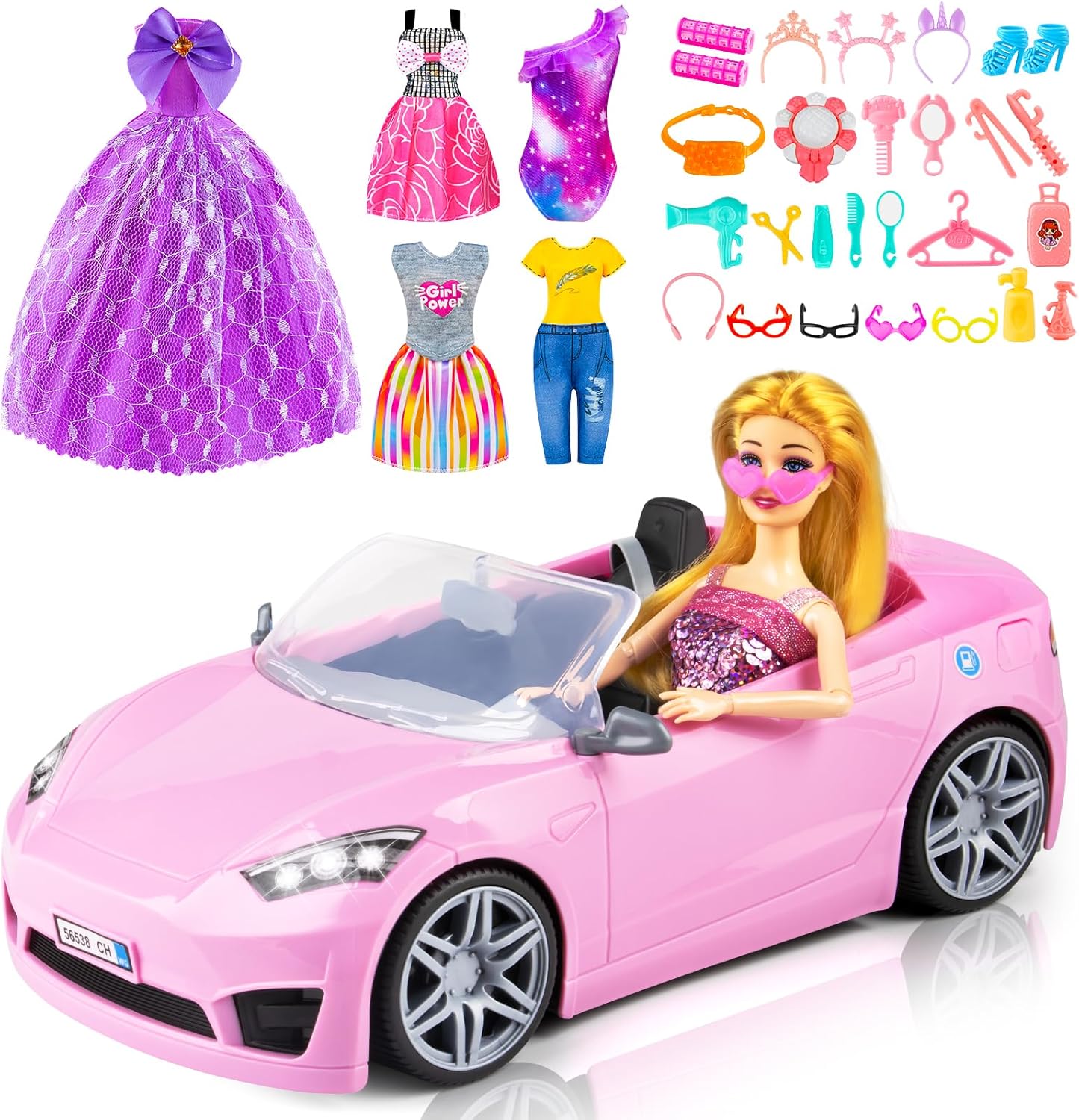 76 Pcs 11.5 Inch Doll and Convertible Car Playset,Included Princess Dresses,Fashion Dresses,Casual Clothing,Swimsuits,Bags,Shoes ,Doll Playset,Doll Dress up Toys for Girls Kids Toddlers Gifts