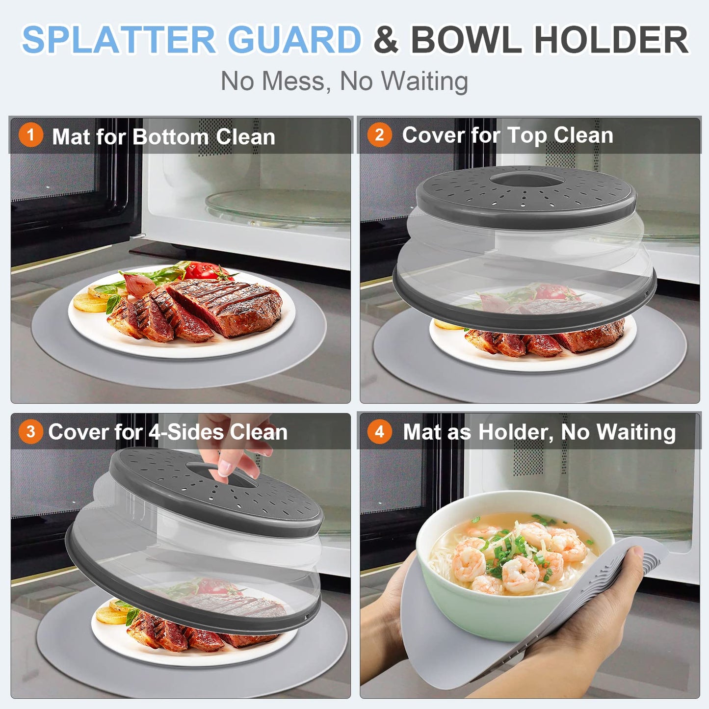 10 Inch Microwave Food Cover & Collapsible Silicone Mat - Splatter Guard, Plate Holder & Kitchen Colander for Meal Prep, Charcoal