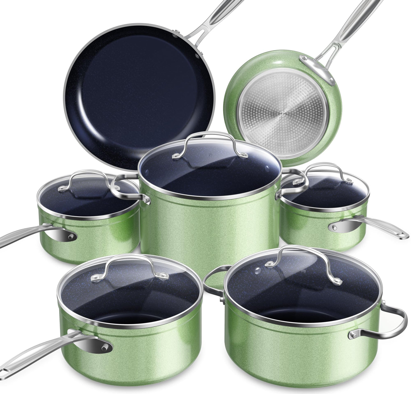 Nuwave Healthy Duralon Blue Ceramic Nonstick Cookware Set, Diamond Infused Scratch-Resistant, PFAS Free, Dishwasher & Oven Safe, Induction Ready & Evenly Heats,Tempered Glass Lids & Stay-Cool Handles