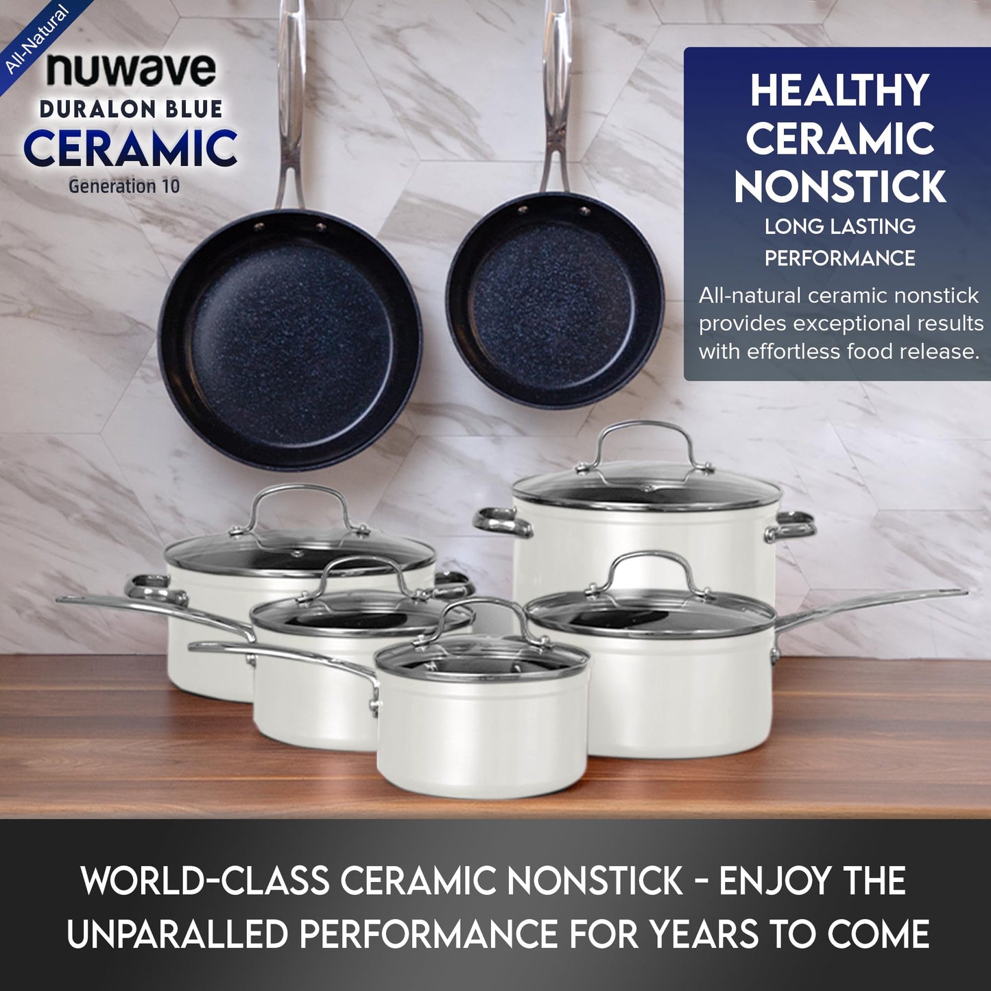 Nuwave Healthy Duralon Blue Ceramic Nonstick Cookware Set, Diamond Infused Scratch-Resistant, PFAS Free, Dishwasher & Oven Safe, Induction Ready & Evenly Heats,Tempered Glass Lids & Stay-Cool Handles