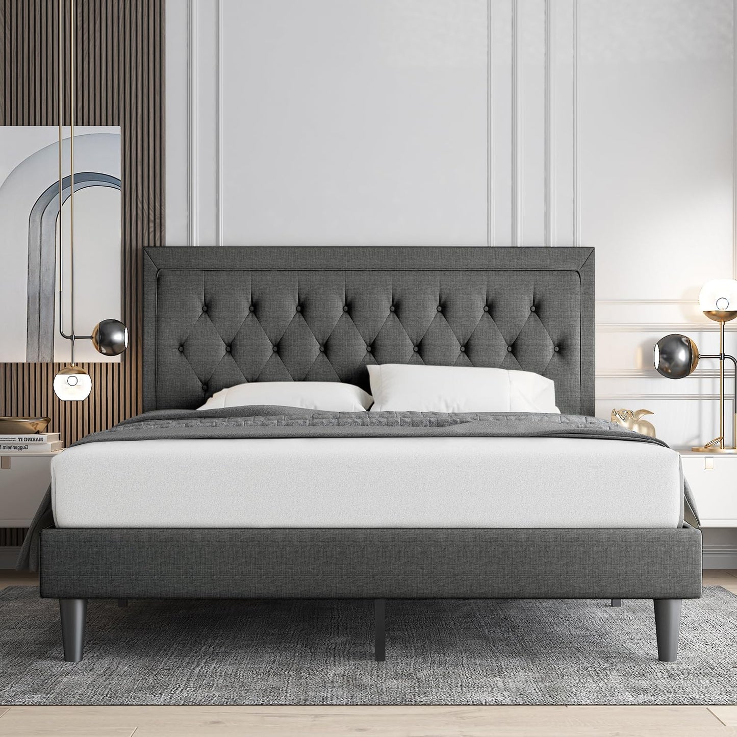 Allewie Queen Size Button Tufted Platform Bed Frame/Fabric Upholstered Bed Frame with Adjustable Headboard/Wood Slat Support/Mattress Foundation/Dark Grey (Queen)