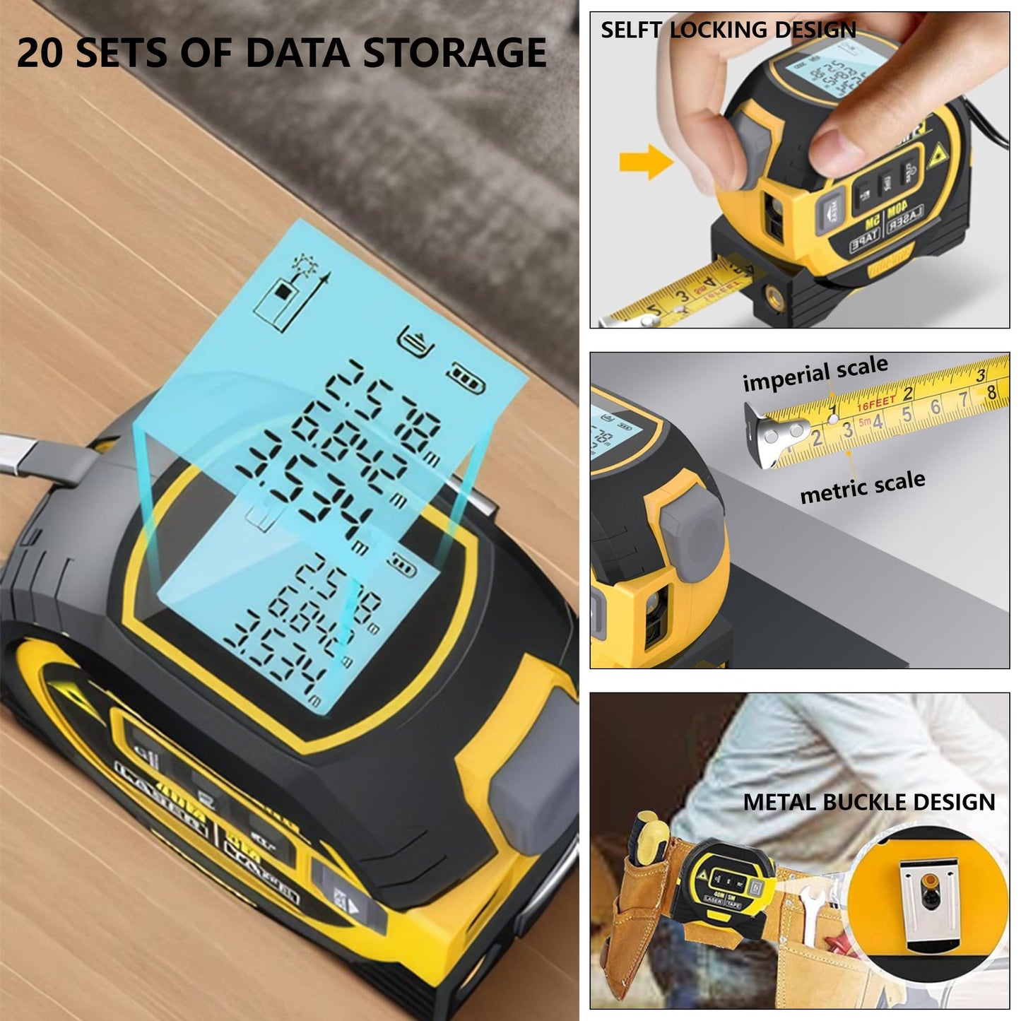 3-in-1 Digital Laser Tape Measure: 131Ft/40m Infrared Laser Measuring Tape with Digital Display, 16ft/5m Electronic Tape Measure Laser, Pythagorean, Area, Volume, Ft/Ft+in/in/M Unit (Yellow)