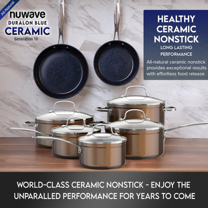 Nuwave Healthy Duralon Blue Ceramic Nonstick Cookware Set, Diamond Infused Scratch-Resistant, PFAS Free, Dishwasher & Oven Safe, Induction Ready & Evenly Heats,Tempered Glass Lids & Stay-Cool Handles