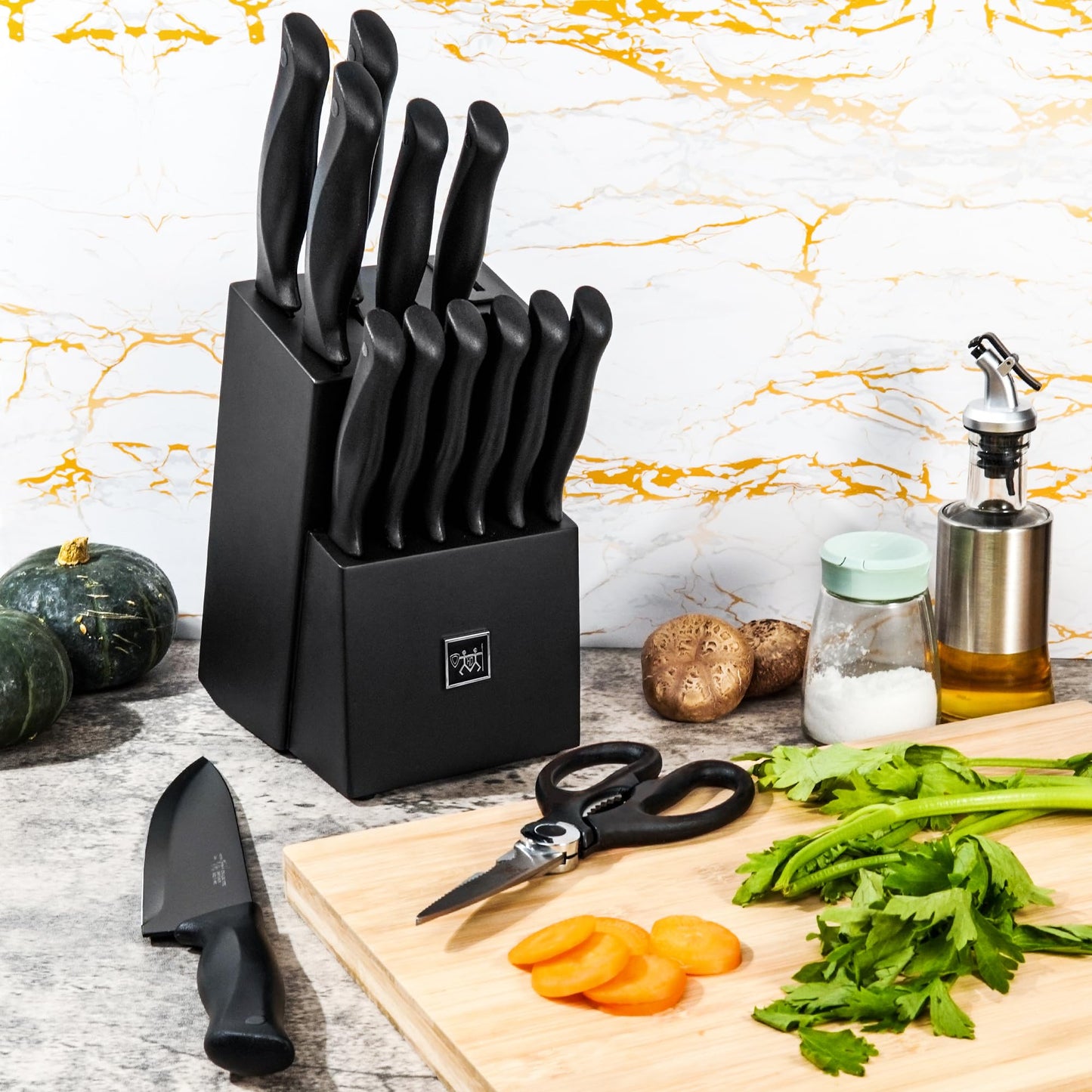 Knife Sets for Kitchen with Block, HUNTER.DUAL 15 Pcs Kitchen Knife Set with Block Self Sharpening, Dishwasher Safe, Anti-slip Handle, Black