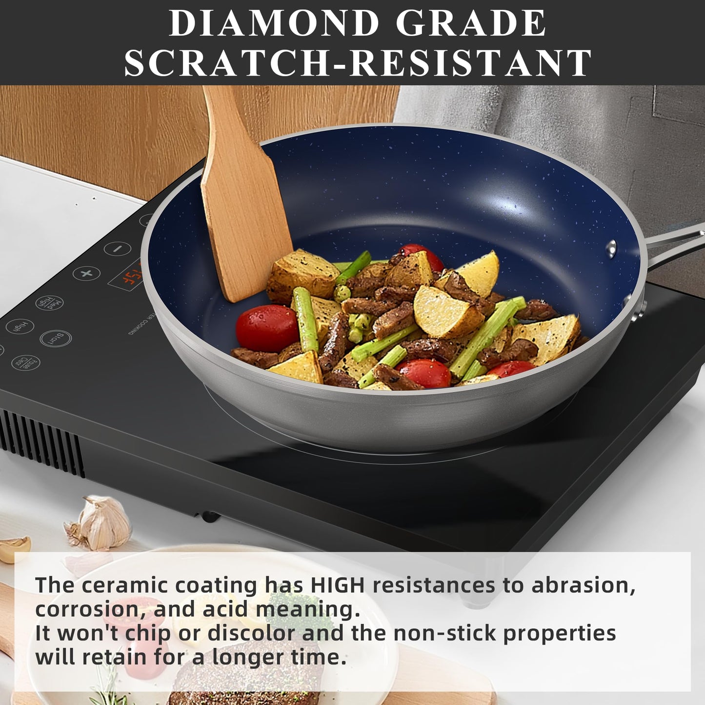 Nuwave Healthy Duralon Blue Ceramic Nonstick Cookware Set, Diamond Infused Scratch-Resistant, PFAS Free, Dishwasher & Oven Safe, Induction Ready & Evenly Heats,Tempered Glass Lids & Stay-Cool Handles