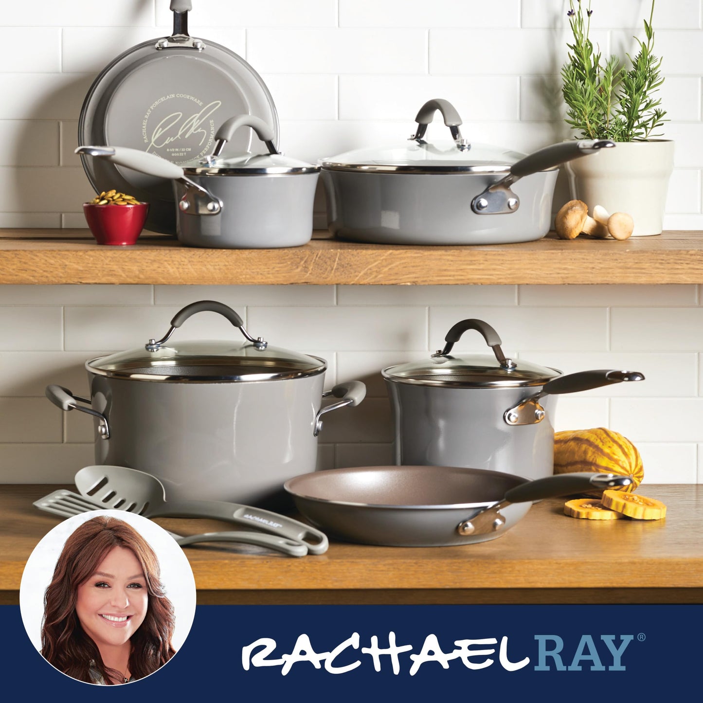 Rachael Ray - 16802 Rachael Ray Cucina Nonstick Cookware Pots and Pans Set, 12 Piece, Sea Salt Gray