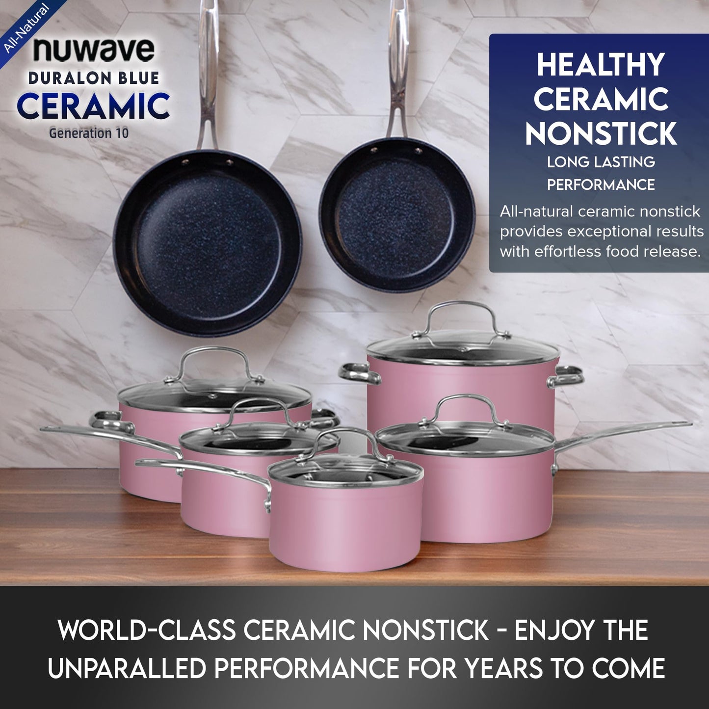 Nuwave Healthy Duralon Blue Ceramic Nonstick Cookware Set, Diamond Infused Scratch-Resistant, PFAS Free, Dishwasher & Oven Safe, Induction Ready & Evenly Heats,Tempered Glass Lids & Stay-Cool Handles