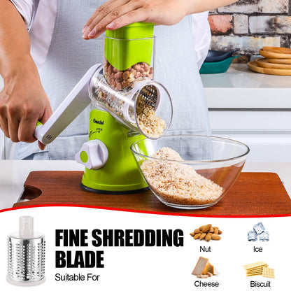 Geedel Rotary Cheese Grater, Kitchen Mandoline Vegetable Slicer with 3 Interchangeable Blades, Easy to Clean Grater for Fruit, Vegetables, Nuts