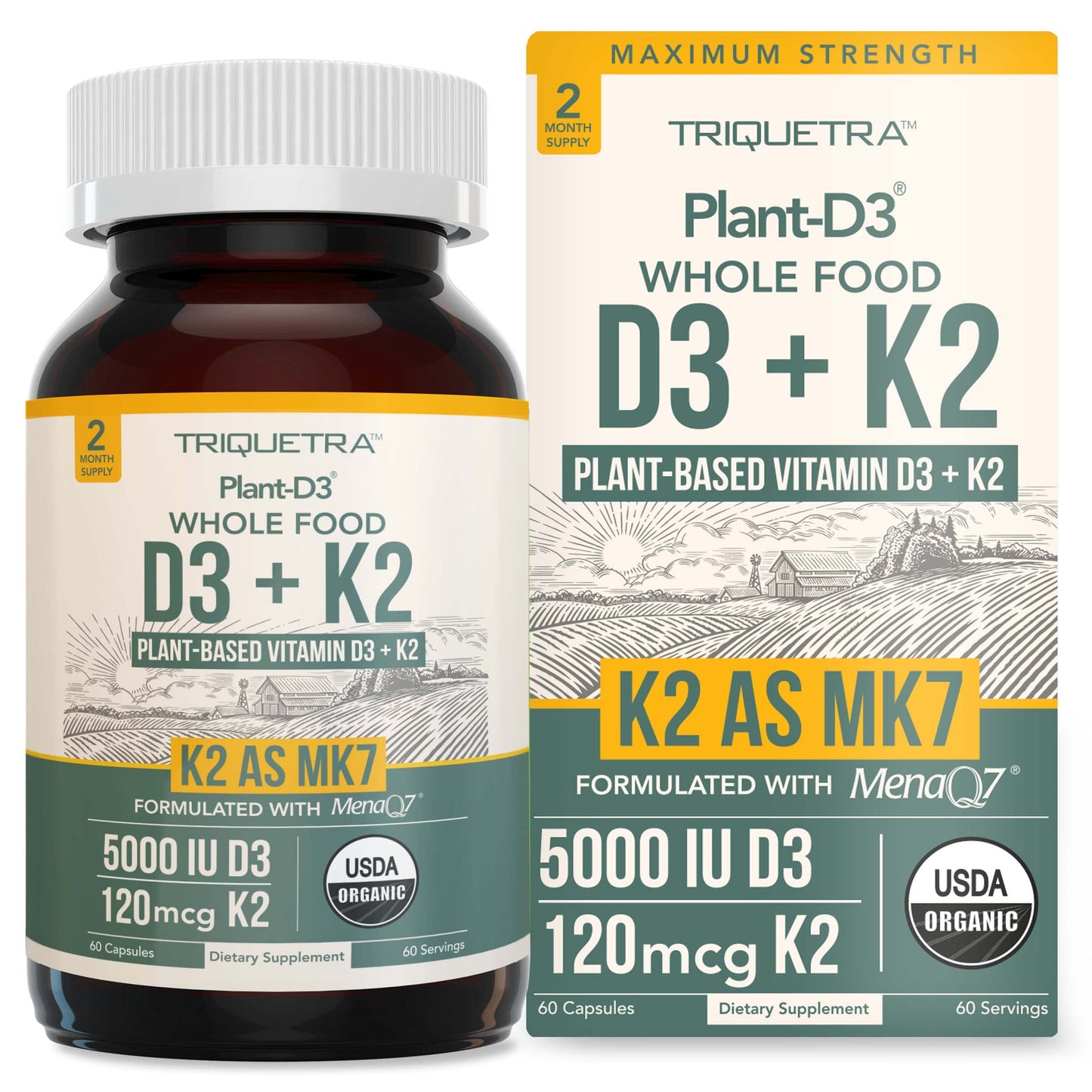 Organic Plant D3 + K2 (5000 iu D3) - All-Trans MK7 from MenaQ7 (120 mcg K2) - 100% Organic & Plant-Based Sublingual D3 Drops (Cholecalciferol), 100% Vegan - Supports Immunity, Bone(1oz)