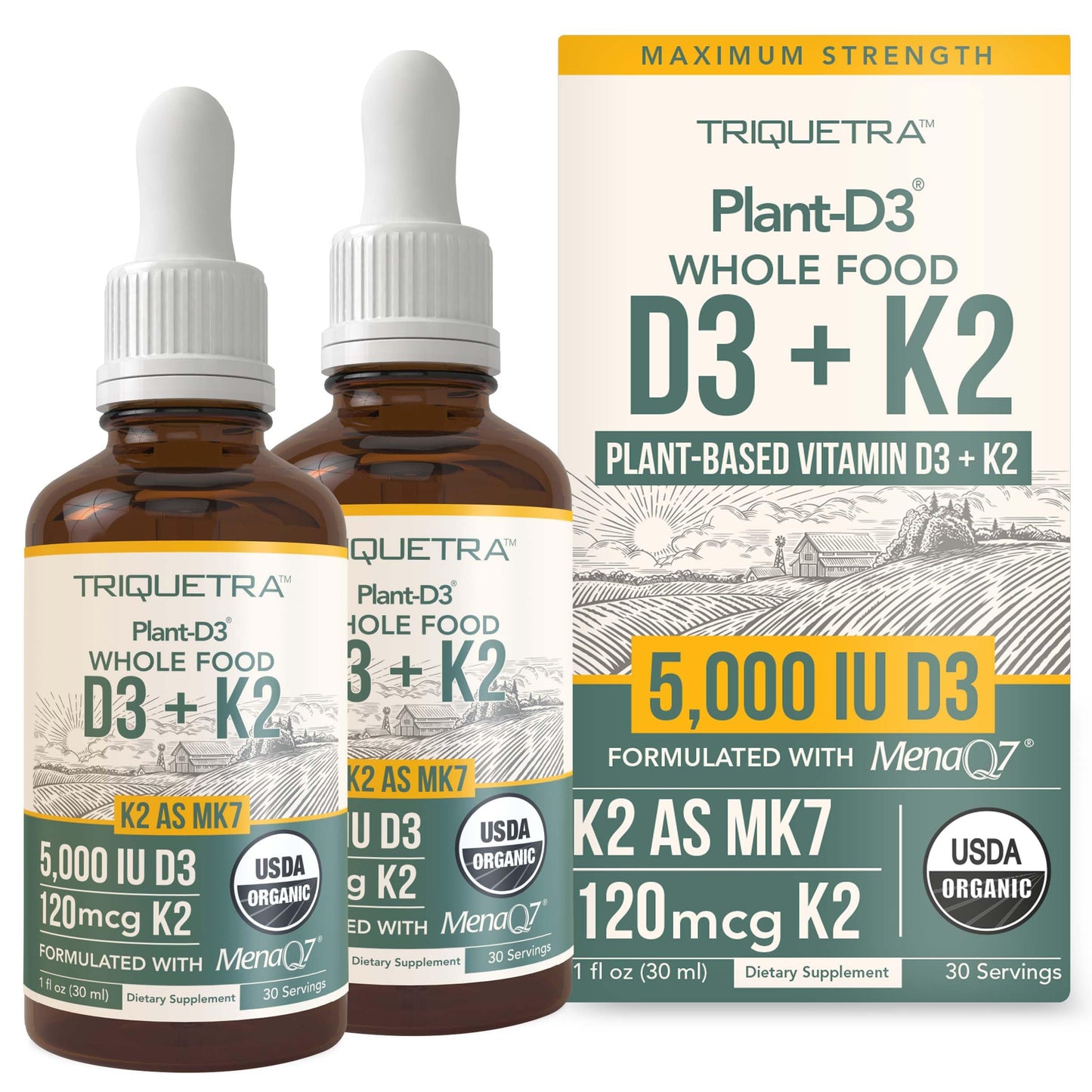 Organic Plant D3 + K2 (5000 iu D3) - All-Trans MK7 from MenaQ7 (120 mcg K2) - 100% Organic & Plant-Based Sublingual D3 Drops (Cholecalciferol), 100% Vegan - Supports Immunity, Bone(1oz)