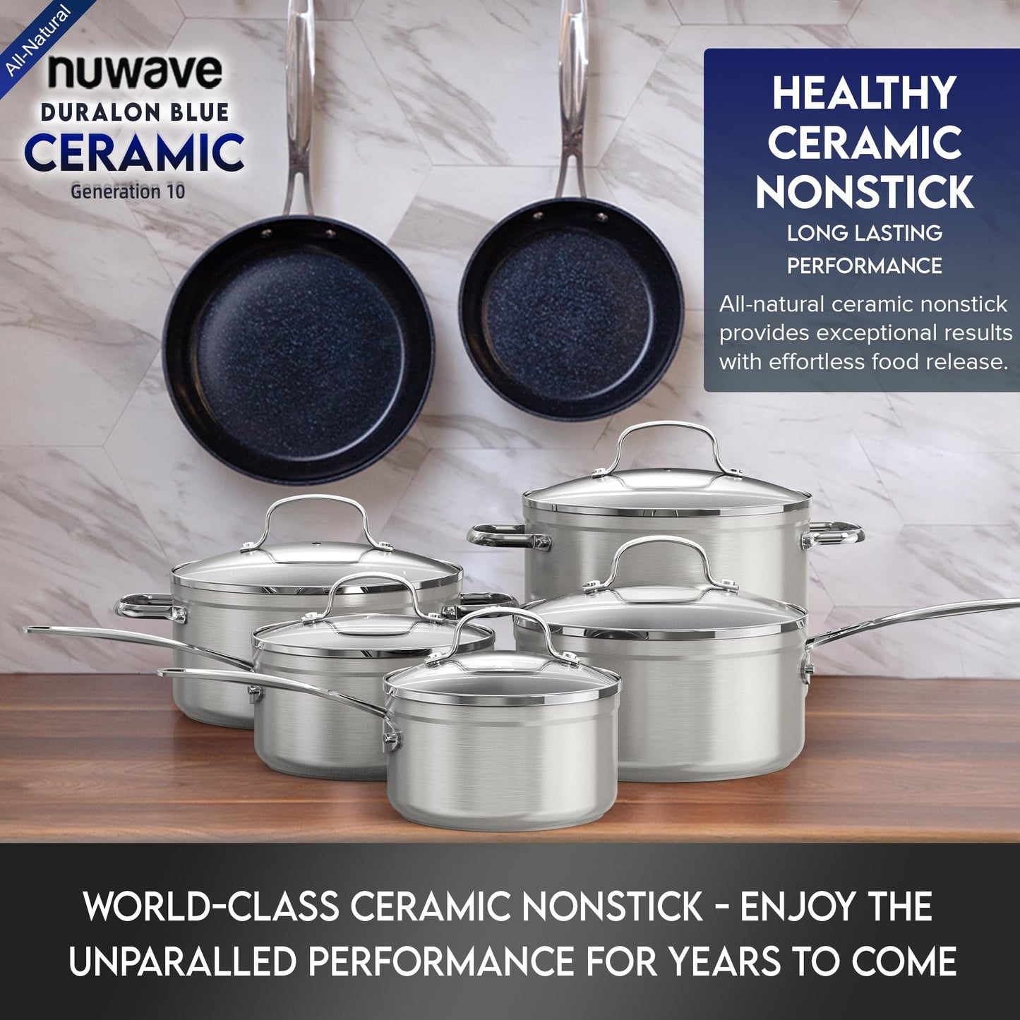 Nuwave Healthy Duralon Blue Ceramic Nonstick Cookware Set, Diamond Infused Scratch-Resistant, PFAS Free, Dishwasher & Oven Safe, Induction Ready & Evenly Heats,Tempered Glass Lids & Stay-Cool Handles