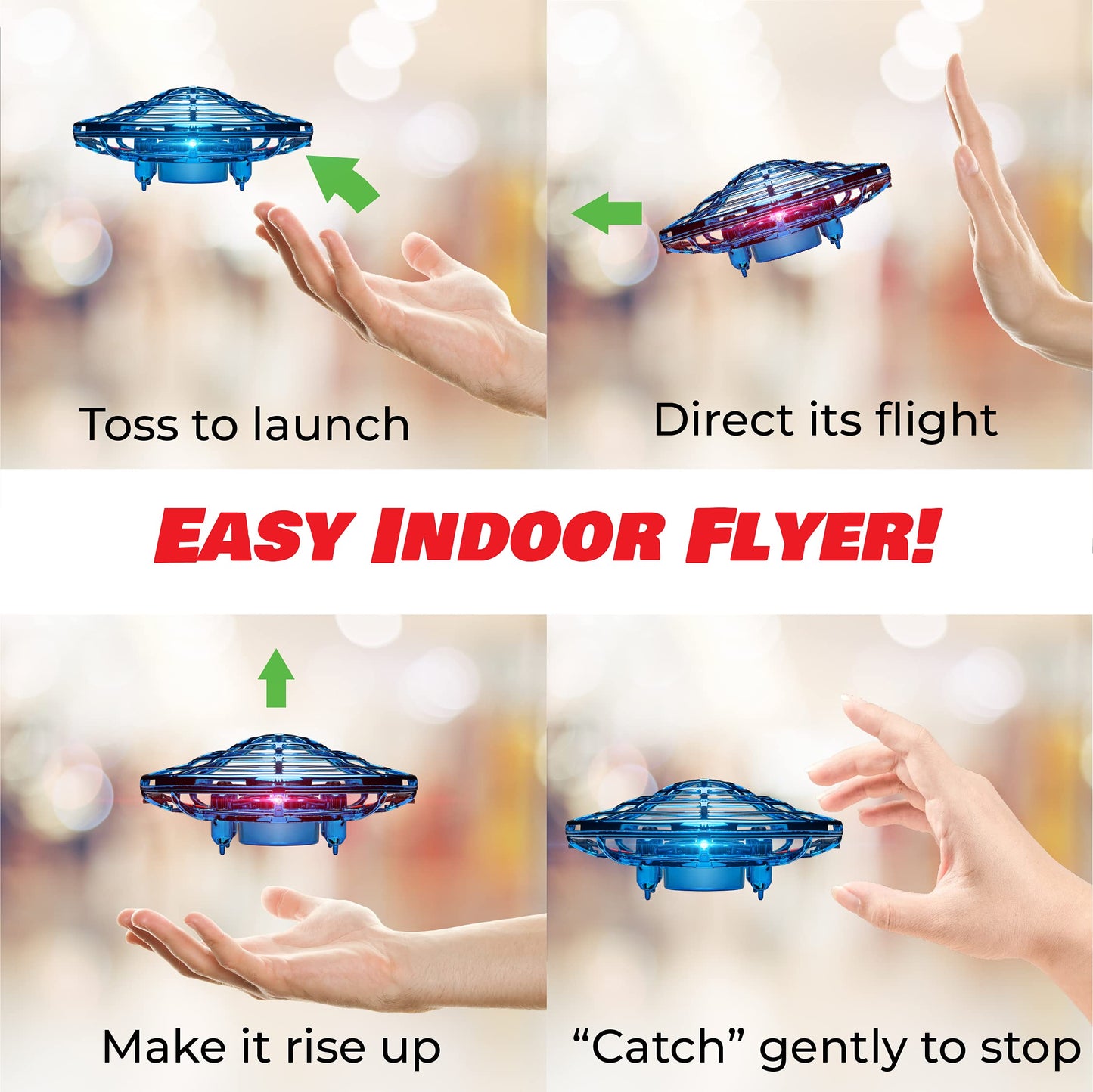 Force1 Scoot LED Hand Operated Drone for Kids or Adults - Hands Free Motion Sensor Mini Drone, Easy Indoor Small UFO Toy Flying Ball Drone Toy for Boys and Girls (Green/Blue)