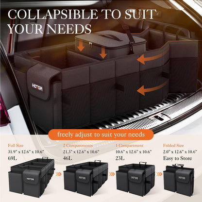 HOTOR Trunk Organizer for Car & SUV, Sturdy Car Organizer with Removable Car Cooler, Large Foldable Trunk Organizer with Cooler for Car, 3 Compartments, Adjustable Straps, Black，30.90”×12.60“×10.63”