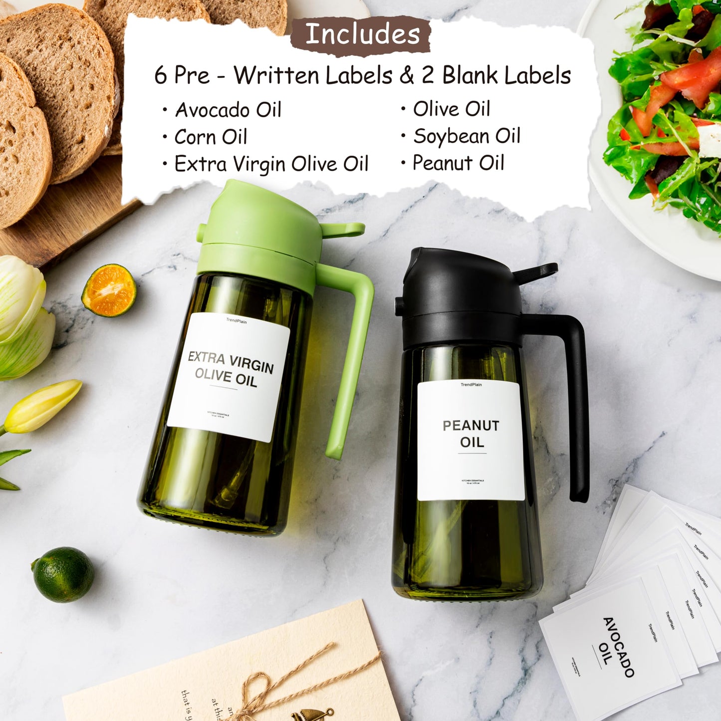 16oz Olive Oil Dispenser for Kitchen - 2 in 1 Olive Oil Dispenser and Oil Sprayer - Olive Oil Dispenser Bottle w/Stickers - Olive Oil Sprayer for Cooking Black (Light Blockage)