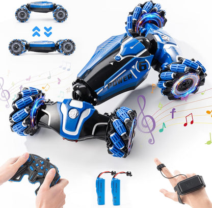 Remote Control Stunt Car, Gesture Sensing RC Cars, 2.4 Ghz Drift Hand Controlled RC Twist Cars Offroad 360° Rotation with Lights and Music, RC drift cars toy birthday gift for childs 6-12(blue)