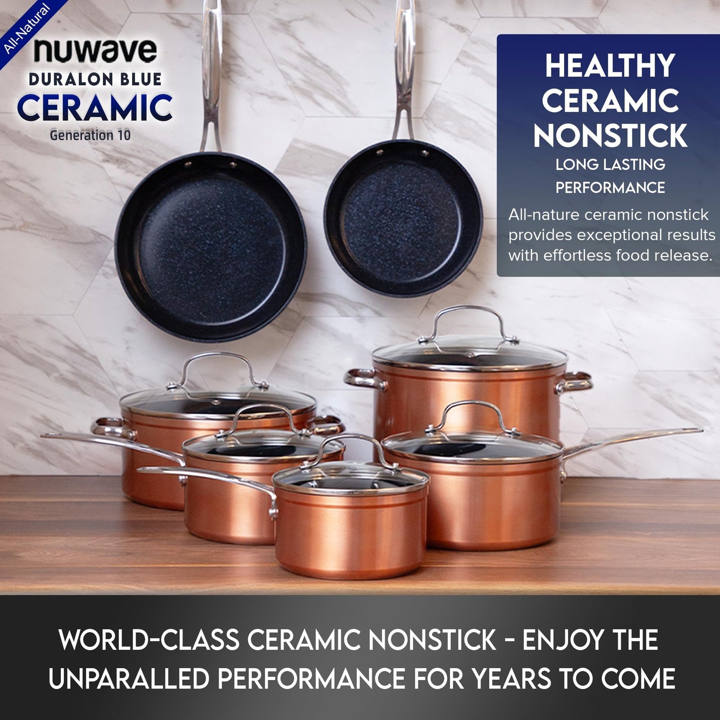 Nuwave Healthy Duralon Blue Ceramic Nonstick Cookware Set, Diamond Infused Scratch-Resistant, PFAS Free, Dishwasher & Oven Safe, Induction Ready & Evenly Heats,Tempered Glass Lids & Stay-Cool Handles